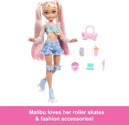 Image of Barbie Dream Besties Skate Party Barbie Malibu Doll and Accessories | Fashion doll with removable clothes and 9 make-up accessories, from 3 years, JFX96