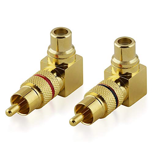 BestPlug 2 Stück RCA L-R Audio Adapter Verbindungsstück, Metall Cinch Stecker männlich auf Metall Cinch Buchse Kupplung weiblich 90° abgewinkelt, vergoldet, Schwarz