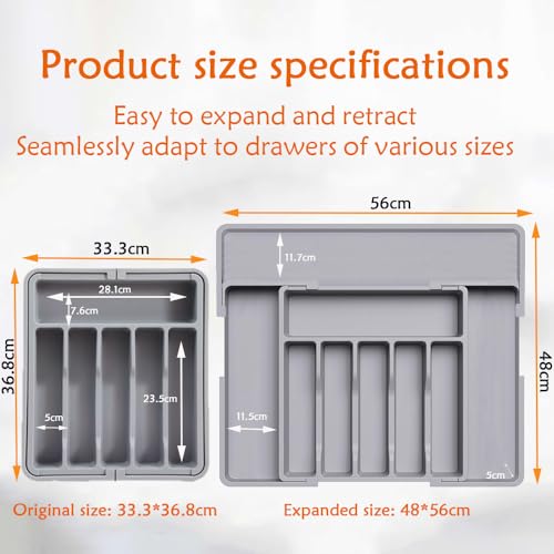 Wnddle Cutlery Tray for Drawer, Cutlery Rack, Extendable Utensil Tray for Drawer, Compact Plastic Cutlery Storage for Kitchen, Cutlery and Spoons (Grey) - Image 2