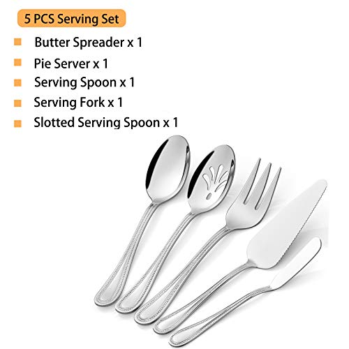 HaWare Serving Utensils, 5 Pieces Stainless Steel Silverware Set, Pearled Edge Hostess Flatware for Buffet Party Kitchen Restaurant, Mirror Finished & Dishwasher Safe