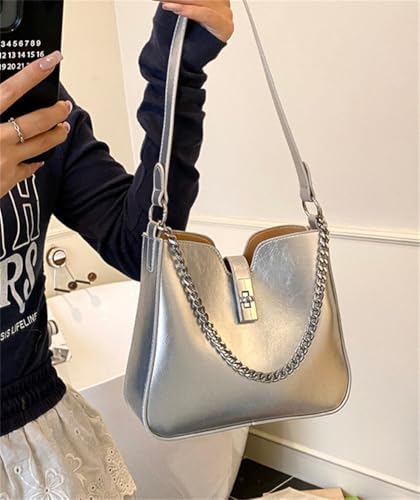 PU Leather Shoulder Bag Bucket Crossbody Purse Trendy Tote Handbag Metal Chain Satchel Work Dating4