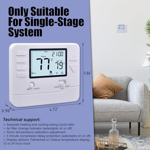 Heagstat 5-1-1 Day Programmable Thermostat for Home Conventional Single-Stage Systems, up to 1 Heat/ 1 Cool, (with White Backlight)