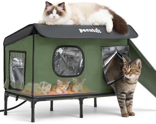 pecute Katzenhöhle für Draußen mit Heizkissen, Katzenhaus Tierheim mit Wasserdichter Markise, Haustierhaus Winterfest Wasserdicht, Katzenhöhle...