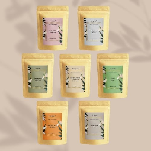 Le'ayur Skincare Combo Of Multani Mitti, Rose Petal, Orange Peel, Neem, Sandalwood, French Green Clay, Dead Sea Clay Powders 50-50 Grams Each