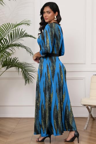 Image of FANDEE Maxi Dresses for Women Long 3 /4 Sleeve Flowy Casual V Neck Empire Waist Dress with Pockets Blue Stripe