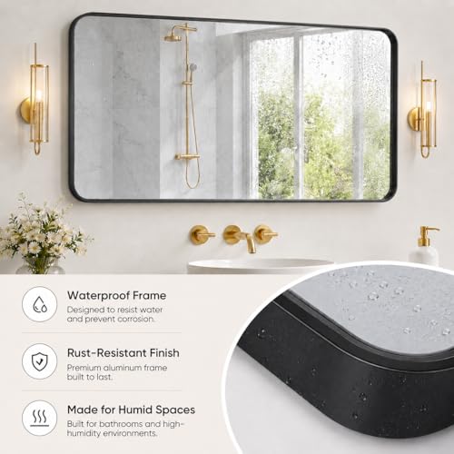 Image of 30 inchx40 inch Rounded Corners Black Bathroom Mirror - Metal Framed with HD Shatter-Proof Glass, Wall-Mounted for Over Sink, Entryway, Living Room, Bedroom