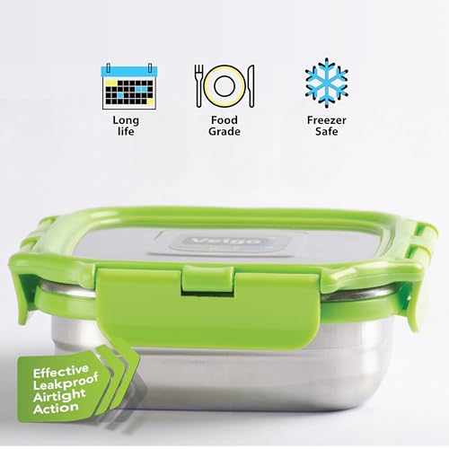 Image of Veigo Original Stainless Steel Medium Snack Box (300 ml), Airtight & Leakproof, Freezer & Dishwasher Safe, Snacks Box for School, Silicone Ring & Polymer Frame, Safe Lid Lock, Green