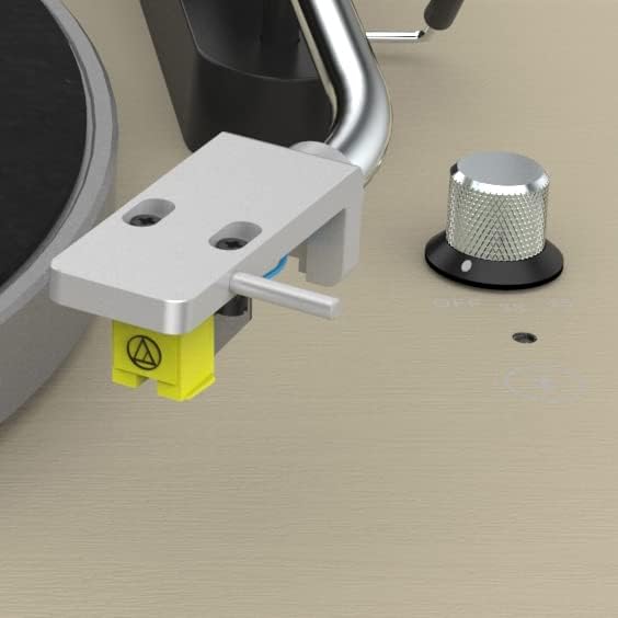 Close-up of the Audio-Technica AT91 cartridge on the tonearm.