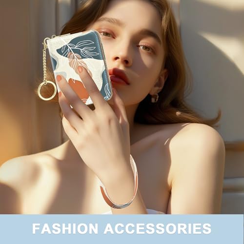 Image of Aiawoxc Credit Card Holder, Small RFID Wallet Slim Leather Card Organizer Case with Zipper and Wristlet Strap, Abstract Boho Leaf