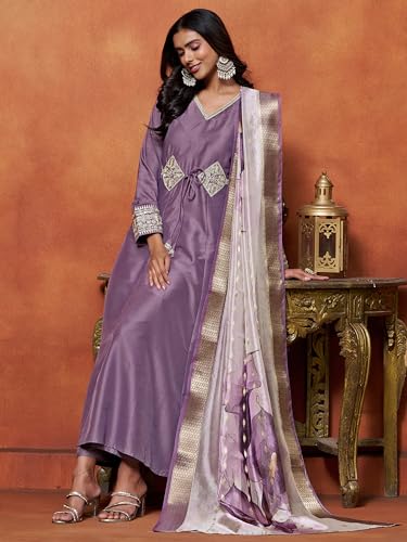 Image of EthnicJunction Women's Cotton Silk Embroidered Anarkali Kurta Palazzo with Digital Print Dupatta Set