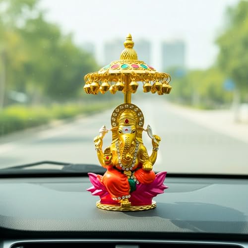 Image of Lord Ganesha Car Dashboard Idol & Crystal Stones Hindu God Ganpati.Believed to Protect and Bless Travelers on Their Journeys. (Umbrella Colour)
