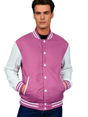 Image of Deckra Men's Varsity Jacket Genuine Leather Sleeve and Wool Blend Letterman Boys College Varsity Jackets XS-5XL
