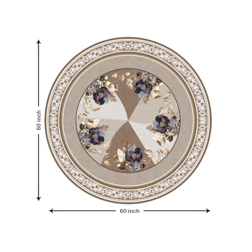 Image of Cloth Fusion Velvet Floral Round Shape Dining Table Cover Cloth 4 Seater with Stunning Gold Foil Design for Home Decor (60 Inch Round, Taupe)