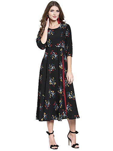 Image of Sera Women's Floral Black Polyester Anarkali Fusion Calf Length Kurta