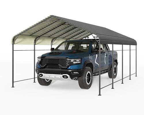 Image of Greesum 12x20FT Metal Round Carport with Side Support Rods, Deep Gray