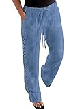 WDIRARA Women's Linen Pants Straight Leg Drawstring Elastic Waist Trousers with Pockets Blue Medium
