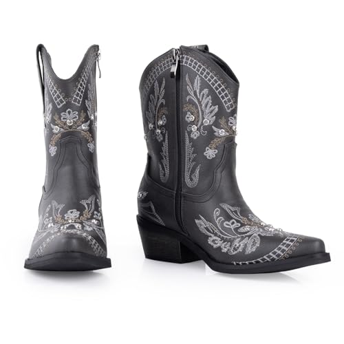 Image of Rhinestone Ankle Cowboy Boots for Women Embroidered Short Cowgirl Boots with Low Heel Side Zipper Comfortable Chunky Heel Western Booties for Prom Party Wedding Pull On Shoes