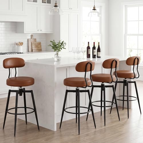 Butacos giratorios Giantex, juego de 4, altura de barra de 31 pulgadas, asiento y respaldo tapizados en cuero sintético, estilo moderno de mediados de siglo, para isla de cocina, comedor o pub, negro + marrón miniatura 2