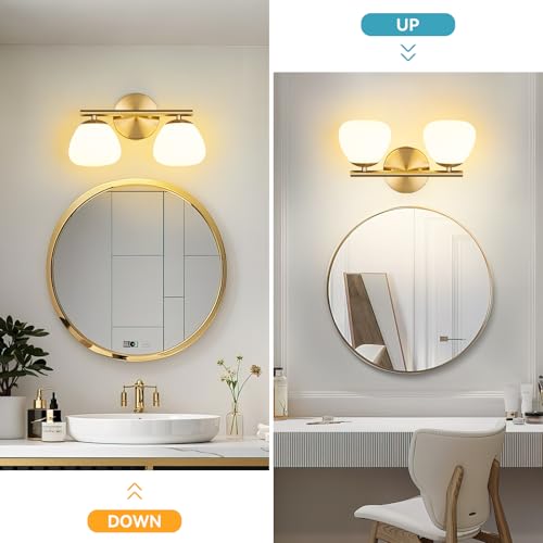 Image of Modern 2 Light Bathroom Vanity Light Gold Vanity Light Bathroom Light Fixtures Over Mirror with Milk Glass Shade Bathroom Vanity Lighting Fixtures