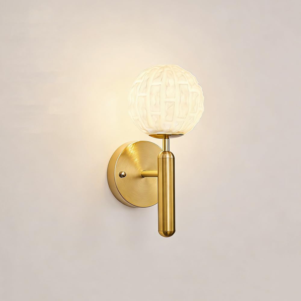 KBUUKYYXouy Milk Glass Modern Wall Sconce Nordic Gold Bathroom Vanity Wall Mounted Light Fixture Mid Century Brushed Brass Wall Lamp Hardwired Globe Wall Lighting for Living Room Hallway Aisle Porch