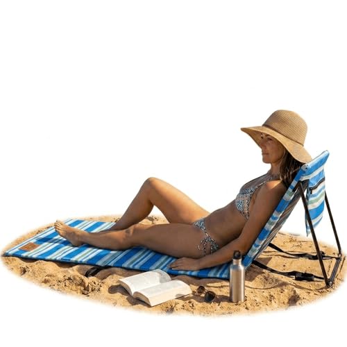 Devessport Esterilla de Playa Plegable con Respaldo Reclinable Kohala Tumbona Portátil con Estructura de Acero y Cojín Acolchado 164 x 47 x 40 cm Color Azul a Rayas Poliéster 600D