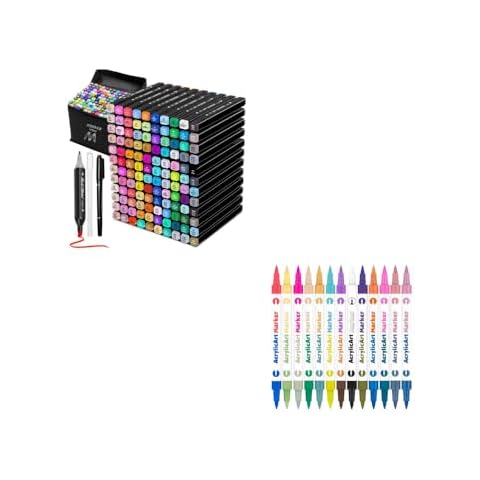 Tommax 120 Colors Dual Tip Alcohol Markers and 13pcs 2-headed 2-color Dual Tip Acrylic Paint Marker Pens for Kids Adult Coloring Cover