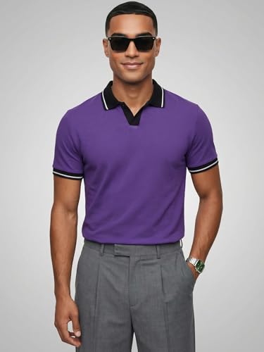 Image of Veirdo Men's Polo T-Shirt Regular Fit with Contrast Pattern & Striped Trim on Collar and Half Sleeves, Stylish Solid Casual, Weekend & Outdoor Wear (Sizes S to 2XL)