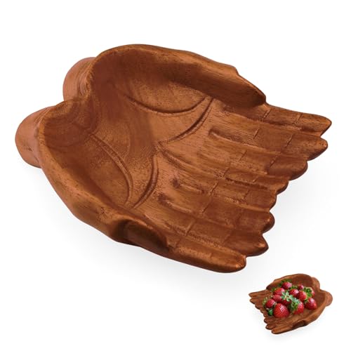 Carved Hands Offering Crystal Bowl - Key and Prayer Bowl, Small Decorative Wooden Bowl, Crystal Decor Display Shelf (C-01)