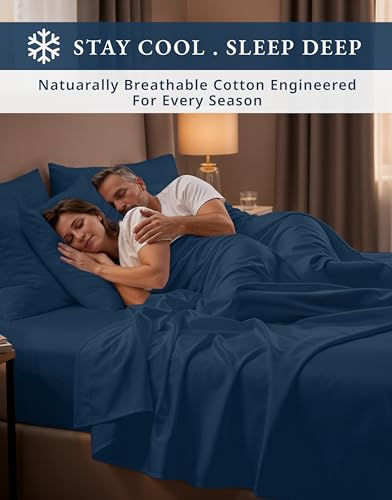 Image of LANE LINEN 100% Cotton King Size Sheets 100% Egyptian Cotton Sateen - Navy | King Sheet Set Cooling - 4-Piece Set, For A Luxurious Night's Sleep, For A Silky Hotel-Style Bed, Luxe Sheen, Plush