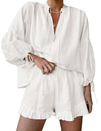 Image of Womens Ruffle Pajamas 2 Piece Cotton Linen Shorts Sets Long Sleeve Tie Front Vacation Outfits Matching