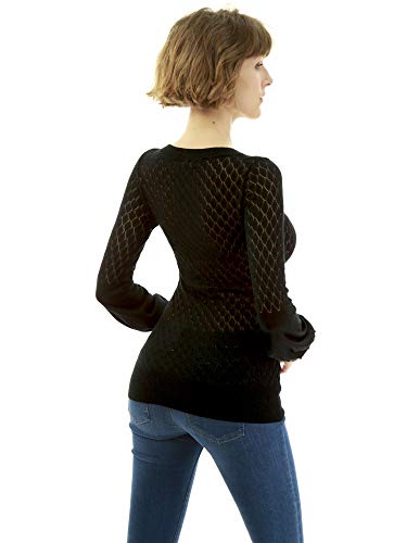 Image of AmelieBoutik Women V Neck Semi Sheer Bishop Sleeve Sweater