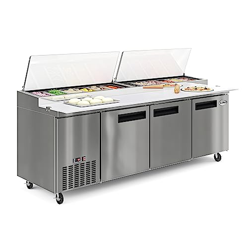Image of KoolMore 92 in. Commercial Pizza Prep Table with Cutting Board, Food Protection Lid, Refrigerated Cold Storage, Rolling Casters, Three-Door in Stainless Steel, ETL Listed, (KM-RPPS-3DSS)