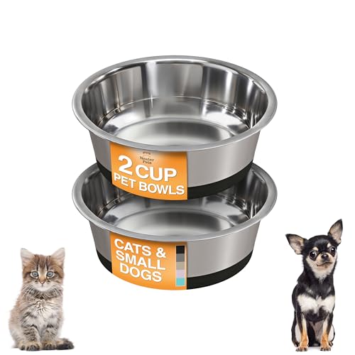 Neater Pet Brands Stainless Steel Dog Bowls with Non-Slip Rubber Bottom 2 Cup (16 oz) Black - Set of 2 Heavy Duty Metal Dog Bowls Dishwasher Safe Food or Water Bowl Ideal for Small Dogs & Cats