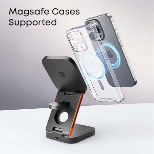 Image of pTron Volta Pro 3-in-1 23W Wireless Charger, Magnetic Charging, Foldable Stand Compatible with iPhone 16 /15 /14 /13 /12 Series, Apple Watch, Airpods & Other Magnetic Charging Supported Smartphones(Black)
