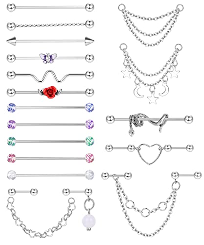 14G Industrial Piercing Jewelry Stainless Steel Industrial Earring for Women Men Snake Chain Dangle Cartilage Helix Piercing Jewelry Industrial Piercing Bar 38MM