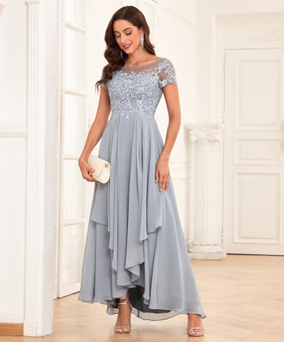 Lace Mother of The Bride Dresses for Wedding Short Sleeve Ruffle Chiffon Formal Evening Gown3