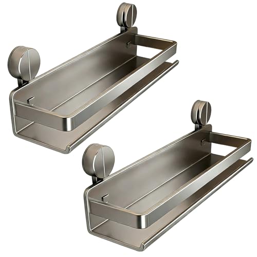 byepica 2 estantes para especias, montado en la pared con ventosas, estante de metal de 11.8 pulgadas, acero al carbono, gris, resistente al óxido y a la humedad