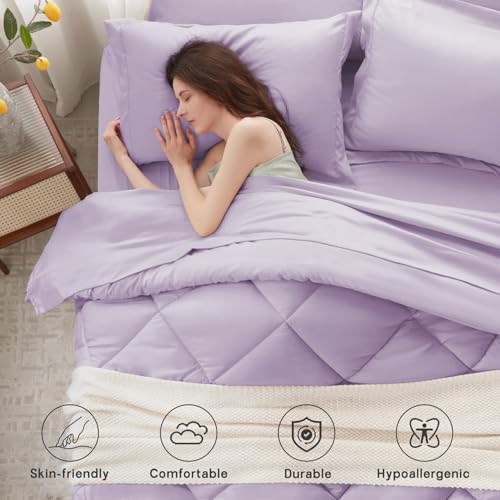Anluoer Queen Comforter Set,Lavender Bed in a Bag 7 Piece,Lightweight Bedding Set with Soft Down Alternative Fill,Bed Set Includes Comforter, Fitted Sheet, Flat Sheet,Pillowcases and Shams