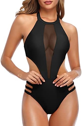 Tempt Me Women One Piece Sexy Mesh Swimsuit Black High Neck Halter Cutout Monokini L