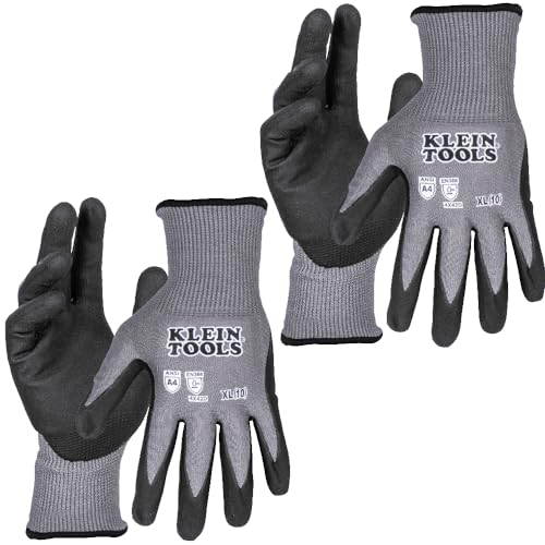 Image of Klein Tools 60590 Work Gloves, Knit Dipped Cut Resistant ANSI A4 Nitrile Coated Gloves, HPPE Fabric, Touchscreen Capable, X-Large, 2-Pair