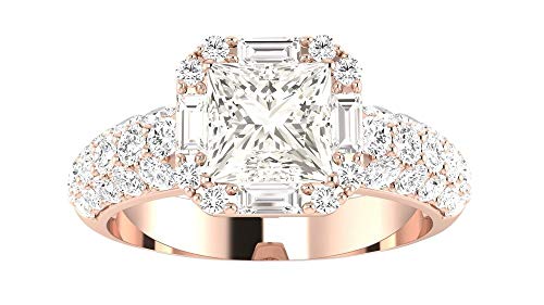 14K White Gold 2.25 Carat LAB GROWN DIAMOND Designer Popular Halo Style Baguette And Pave Set Round Princess Cut Diamond Engagement Ring (E-F Color VS1-VS2 Clarity 1.5 Ct Center)