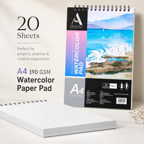 Image of ArtRight Artists' Watercolor Paper Pad A4 190 GSM - 20 Sheets of Handmade Rough Grain Water Colour Papers, Ideal for Artist, Professional Drawing, Painting Dry & Wet, Fine Art, School, Student, Watercolor