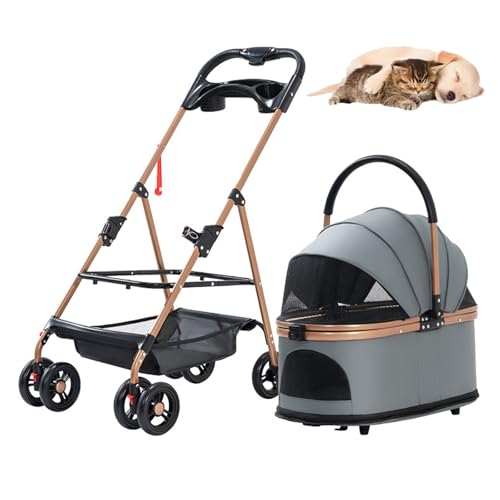 ペット用ベビーカー 3 in 1、取り外し可能なキャリアと収納バスケット付き犬用ベビーカー、ユニバーサルホイールと安全リーシュ付き4輪折りたたみ式ペット猫用ベビーカー,グレー