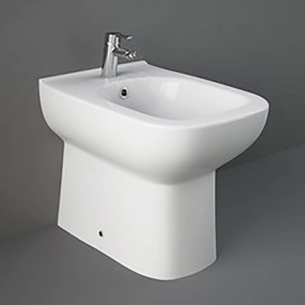 Coppia di sanitari monoblocco con scarico a pavimento e cassetta in ceramica, bidet FILOMURO e copriwc originale, ORIGIN