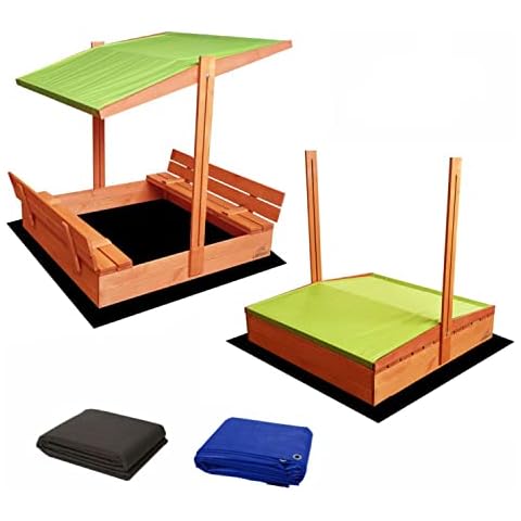 Ladanas® Sandkasten aus Holz mit Dach - GRÜN & wetterfester Tarpaulin Abdeckung - Sandkiste 120 x 120 cm. mit UV 50 Sonnenschutz & Faltbare Bank - Sandkästen rechteckig überdacht für Kinder Cover