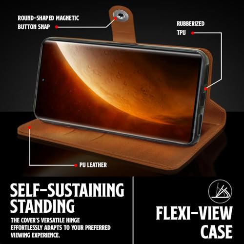 Image of WOW IMAGINE Shock Proof Flip Cover Back Case for Realme Narzo 60 PRO | 11 PRO | 11 PRO Plus 5G (Magnetic Button Flip Case | Wallet Pockets & Stand | Leather Finish | Alder Brown)