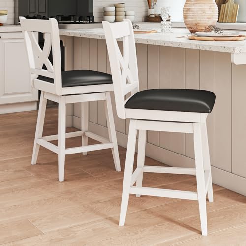 Image of Swivel Bar Stools Set of 2, Farmhouse 24 inch Counter Height Barstools with X Carved Backs, Wooden Bar Chair with Solid Wood Legs & Footrest for Kitchen Island, Home Bar, Pub. Pure White