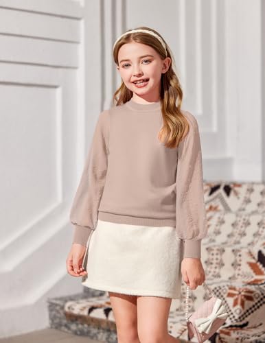 Image of Arshiner Girls Puff Long Sleeve Sweaters Crewneck Lace Polka Dot Casual Knit Tops Pullover Jumper Outwear for Kids