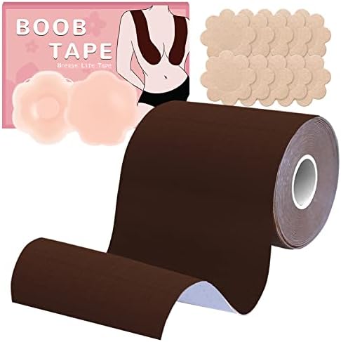 BEWTEIM Boob Tape for Large Breasts Roll 4 inch, Boobytape for Breast Lift Plus Size D-G Cup, Push Up Tape Breast Lifting w 1 Pair Silicon Nipple Covers 5 Pairs Satin Brestals Brown