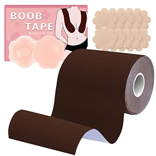 Boob Tape for Large Breasts 4 inch, Boobytape for Breast Lift Plus Size D-G Cup, Push Up Tape Breast Lifting w Silicon Nipple Covers Satin Pasties Brown